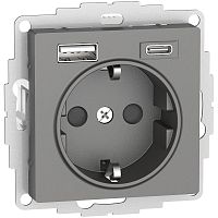 Розетка с заземлением +2xUSB тип A+C без рамки Systeme Electric AtlasDesign 1-м. сталь картинка